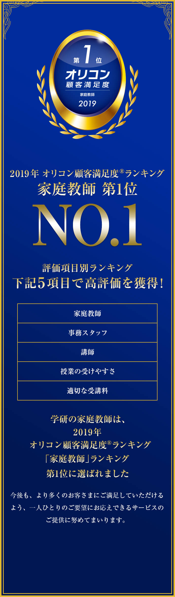 2019年オリコン顧客満足度®ランキング家庭教師 第1位